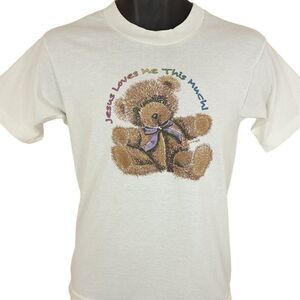Christian T Shirt Vintage 90s Jesus Loves Me This Much Made In USA Mens Small